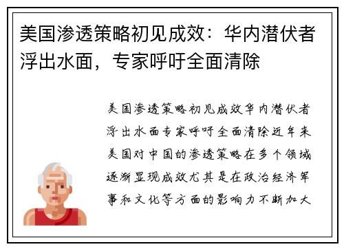 美国渗透策略初见成效：华内潜伏者浮出水面，专家呼吁全面清除