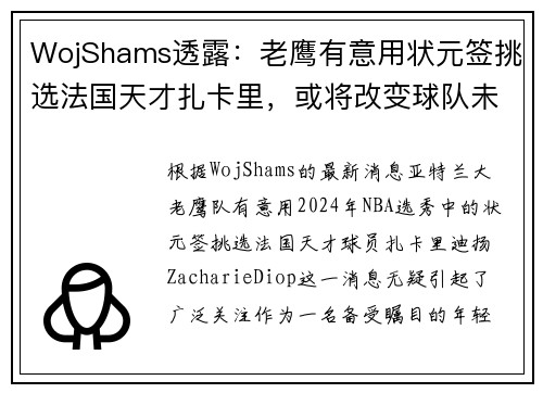 WojShams透露：老鹰有意用状元签挑选法国天才扎卡里，或将改变球队未来