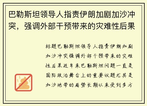 巴勒斯坦领导人指责伊朗加剧加沙冲突，强调外部干预带来的灾难性后果