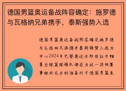 德国男篮奥运备战阵容确定：施罗德与瓦格纳兄弟携手，泰斯强势入选