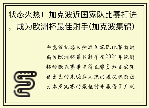 状态火热！加克波近国家队比赛打进，成为欧洲杯最佳射手(加克波集锦)